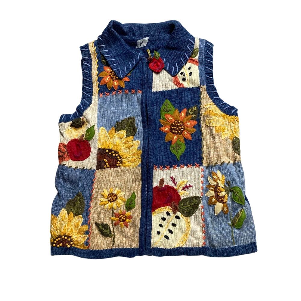 Vintage Fall Sunflower Apple Picking Grannycore Vest Cottagecore Size S